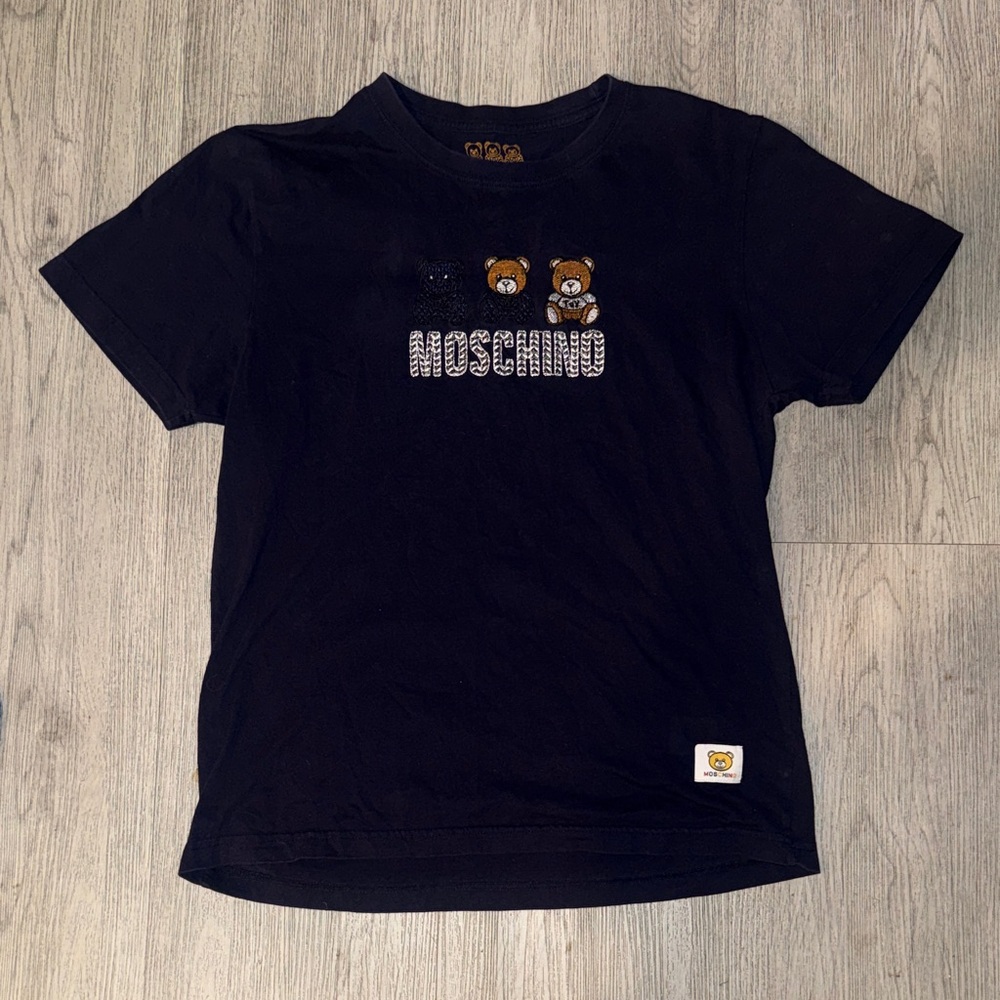 Moschino Kids Black Tee with Embroidered Bear Motif
